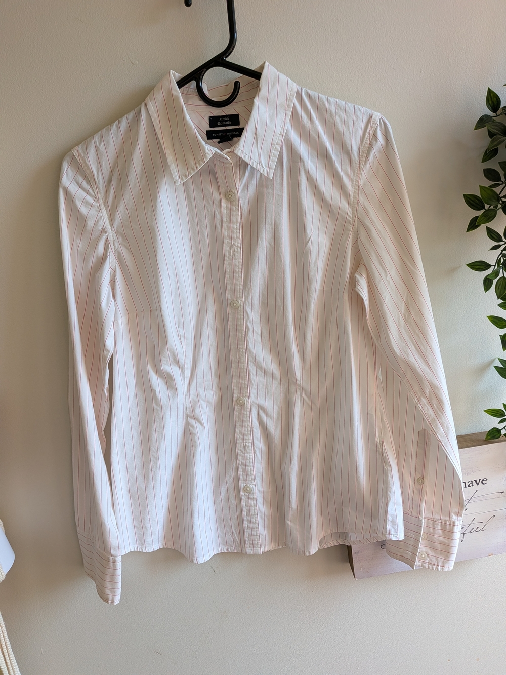 Vintage Tommy Hilfiger White Shirt with Pink Pinstripes In Excellent Condition